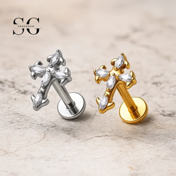 SG4197 - F136 Titanium Cross Zircon Labret Piercing