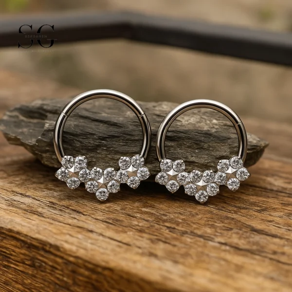 SG3001 ASTM-F136 Titanium Clicker Ring with Multi-Zircon Cluster – Perfect for Septum and Daith Piercings