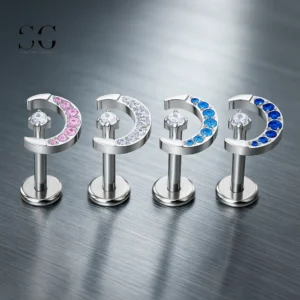 SG4011 - ASTM F136 Titanium Threaded Labret with Crescent Zircon Design Wholesale