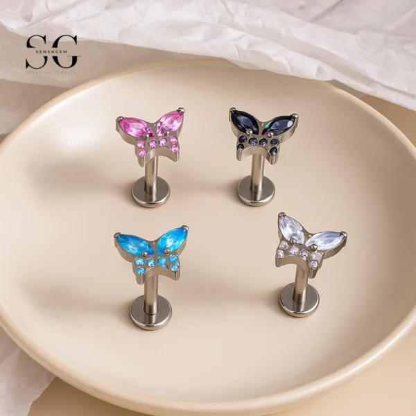SG4088 F136 Titanium Threaded Labrets with Flat Zircon Design – Implant-Grade Piercing Jewelry