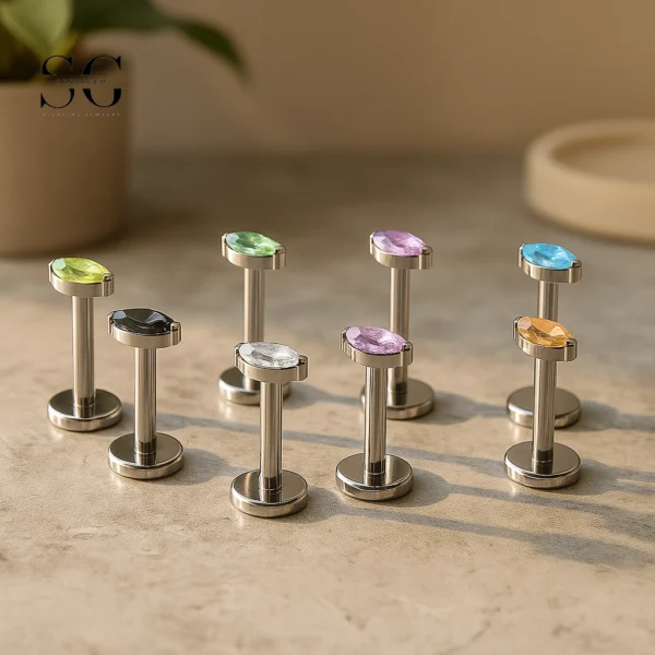 SG4104 F136 Titanium Threaded Labrets with Single Marquise-Cut 5A Zircon Stone – Surface Piercing Jewelry