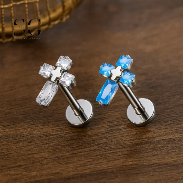 SG4224 Titanium Cross Labret Stud with AAAAA Zircon Design