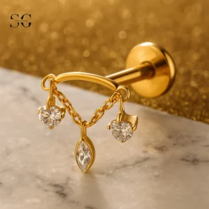 SGYS1134 Titanium Labret Piercing with Triple Zircon Dangle