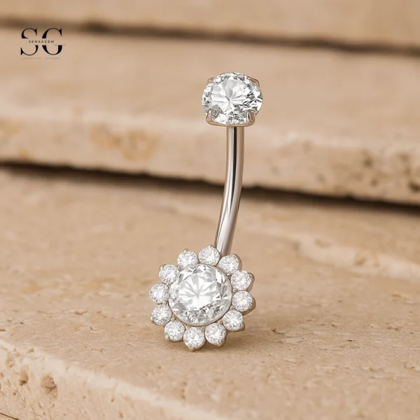 SGYS6044 Internally Threaded Belly Ring – Customizable Zircon Sunflower, F136 Titanium