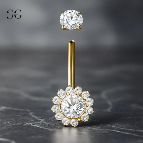SGYS6044 Internally Threaded Belly Ring – Customizable Zircon Sunflower, F136 Titanium - Image 2
