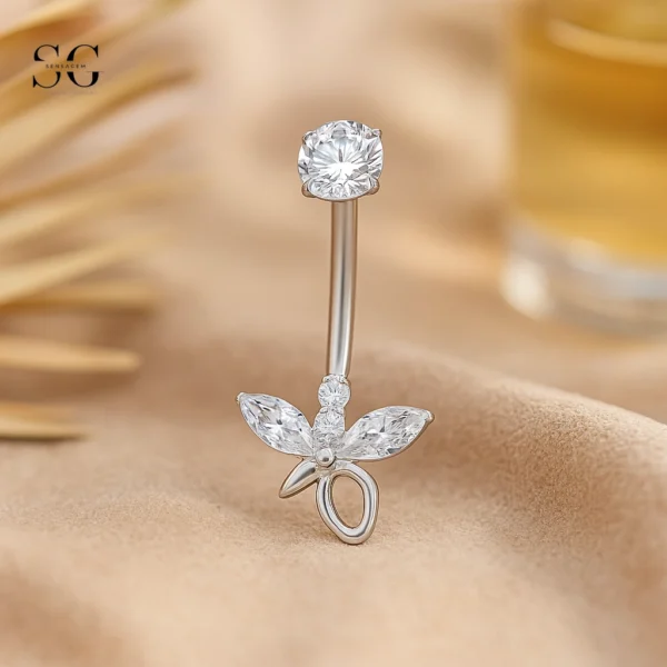 SGYS6046 Internally Threaded Belly Ring – Customizable Bow-Shaped Zircon, F136 Titanium - Image 2
