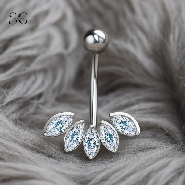 SGYS6049 Internally Threaded Belly Ring – Five Oval Zircon Gems, F136 Titanium - Image 2