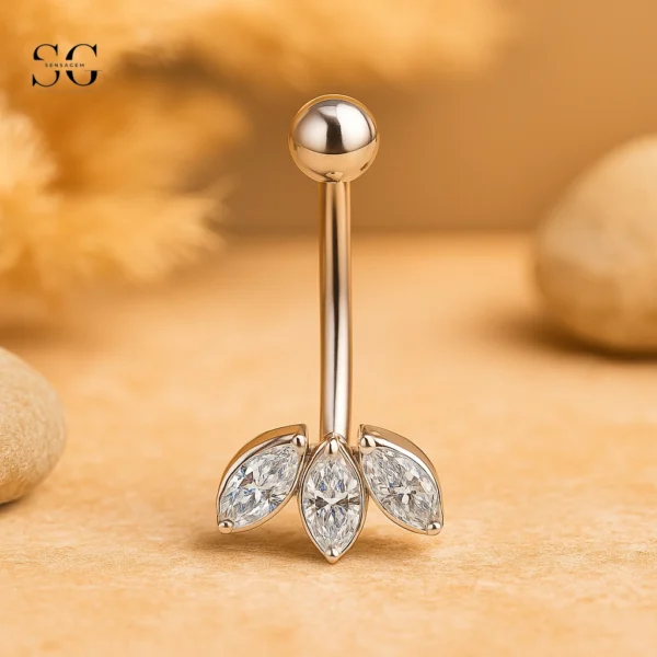 SGYS6050 Internally Threaded Belly Ring – Three Oval Zircon Gems, F136 Titanium