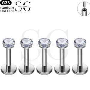 SGYS1083 F136 Titanium Threadless Labrets – White Zircon Gemstone with Four-Prong Setting