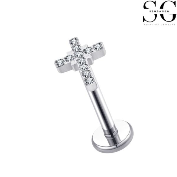 SGYS1056 Jewelry Labret Piercing - Cross-Shaped G23 Titanium Labret with Zircon Gemstone