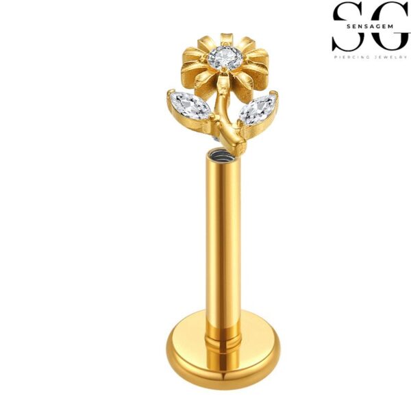 SGYS1058 Diamond Labret Stud - Three-Zircon Sunflower Shape Implant-Grade G23 Titanium - Image 2