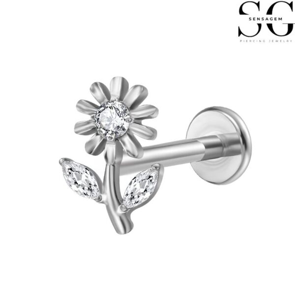 SGYS1058 Diamond Labret Stud - Three-Zircon Sunflower Shape Implant-Grade G23 Titanium