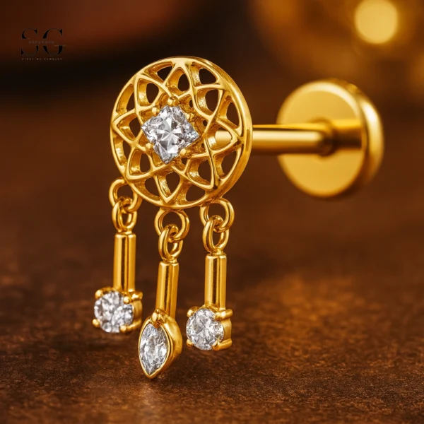 SGYS1033 Internal Thread Labret with Triple Dangling Gemstone Design