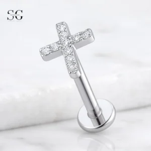 SGYS1056 Jewelry Labret Piercing - Cross-Shaped G23 Titanium Labret with Zircon Gemstone
