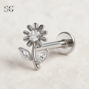 SGYS1058 Diamond Labret Stud - Three-Zircon Sunflower Shape Implant-Grade G23 Titanium