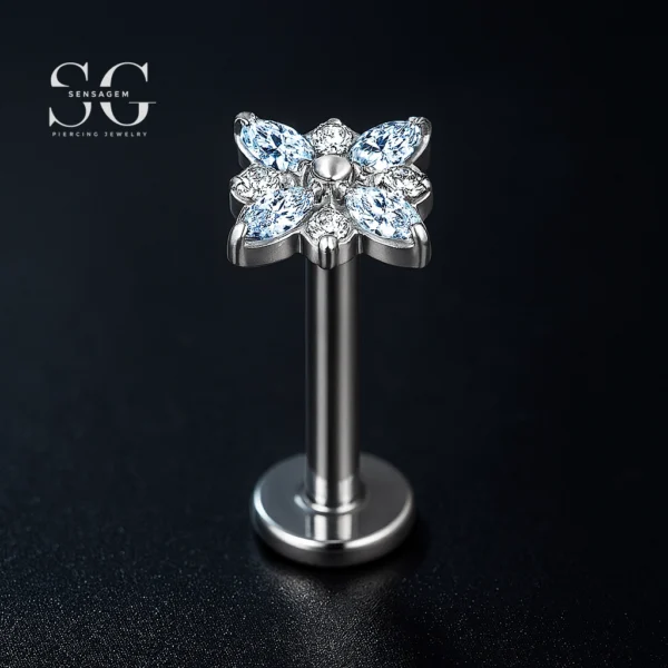 SGYS1069 Internal Thread Labret – F136 Titanium Flower Design with 8 Zircon Stones