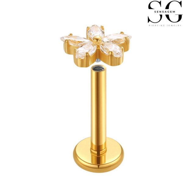 SGYS1064 Internal Thread Labret Stud – F136 Titanium with Five Zircon Gems - Image 2