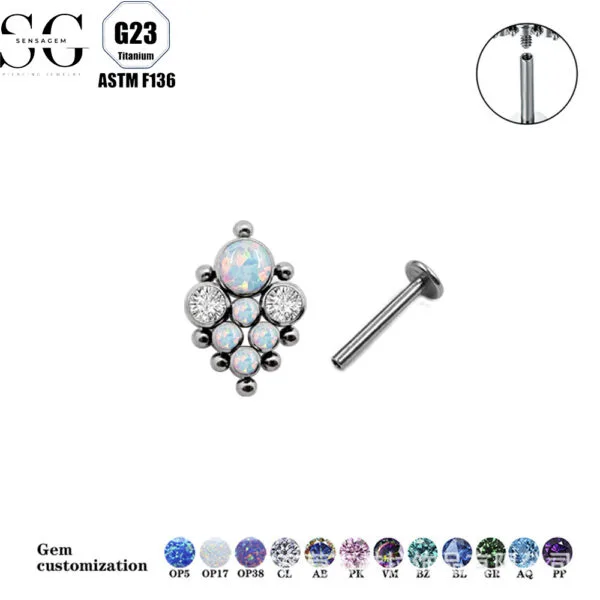 G23 Titanium Threaded Labrets with Zircon or Opal – F136 Implant-Grade Body Piercing Jewelry2