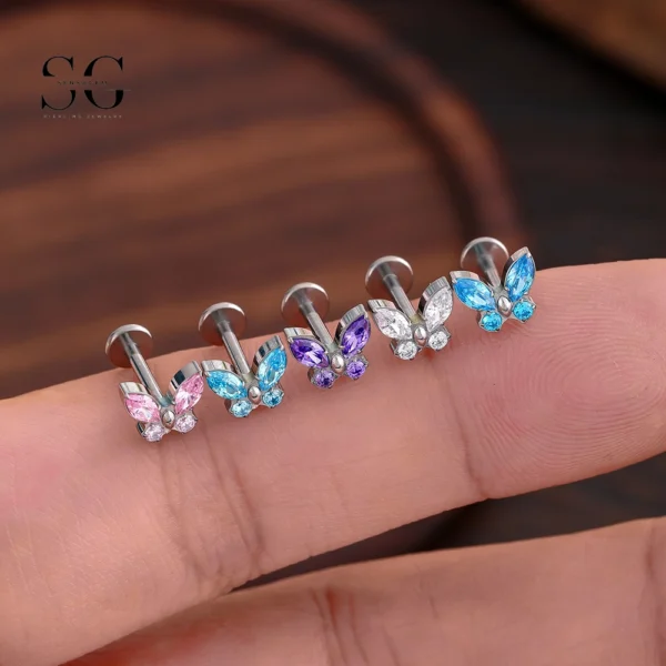 SG4002 Threaded Labrets with G23 Titanium Butterfly Nose Stud and 5A Zircon Stones