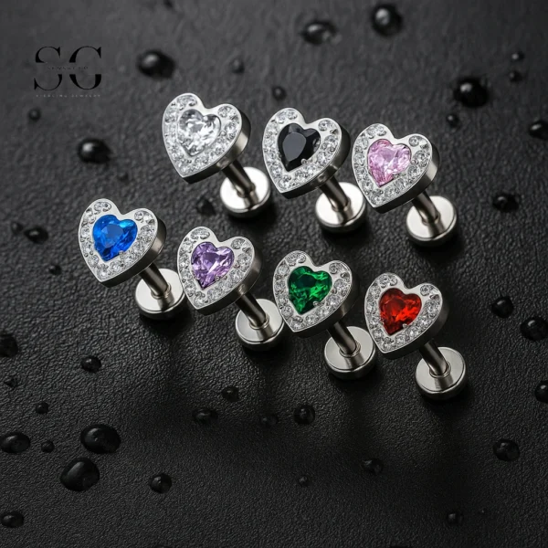 SG4003 F136 Titanium Labret Piercing Stud – Threaded Heart Design with Zirconia