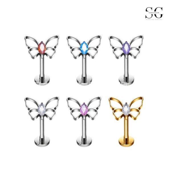 SG4004 F136 Titanium Threaded Labret Piercing – Butterfly Design with Multi-Color Zirconia