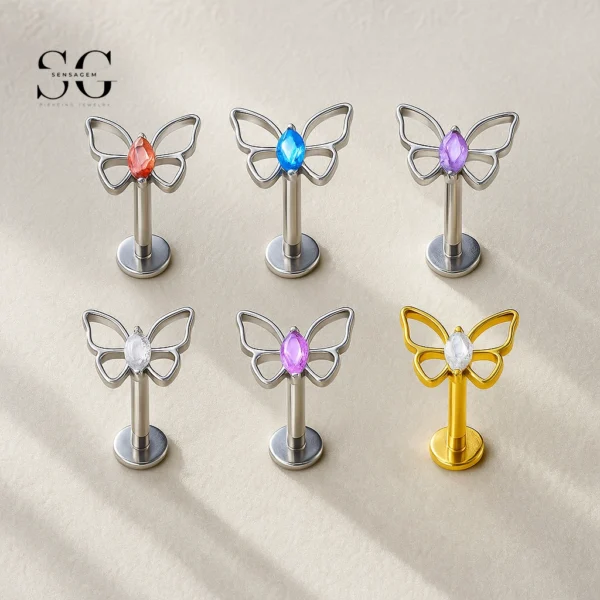 SG4004 F136 Titanium Threaded Labret Piercing – Butterfly Design with Multi-Color Zirconia
