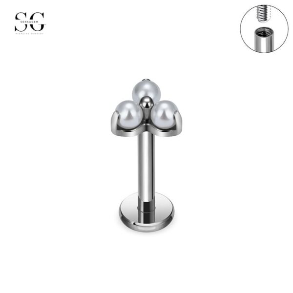 SG4006 Labret Stud Nose Piercing – F136 Titanium with Triple Zirconia and Pearl Design