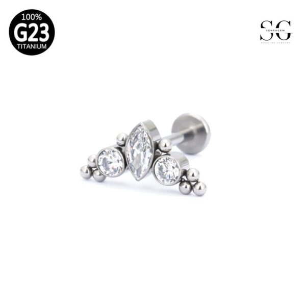 SG4020 F136 Titanium Threaded Labrets – Triple Zircon Multi-Bead Design Lip Piercing Jewelry