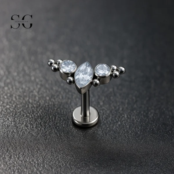 SG4020 F136 Titanium Threaded Labrets – Triple Zircon Multi-Bead Design Lip Piercing Jewelry