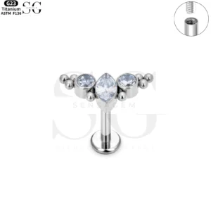 SG4020 F136 Titanium Threaded Labrets – Triple Zircon Multi-Bead Design Lip Piercing Jewelry