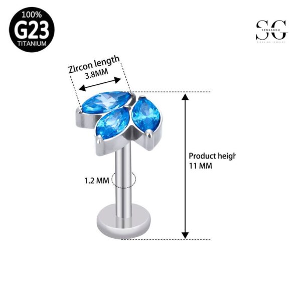 SG4021 F136 Titanium Threaded Labrets – 3 Blue Teardrop Zircon Stones Lip Piercing Jewelry