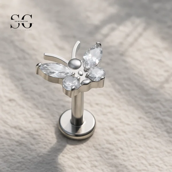 SG4029 F136 Titanium Threaded Labrets – Butterfly Design with White Zircon