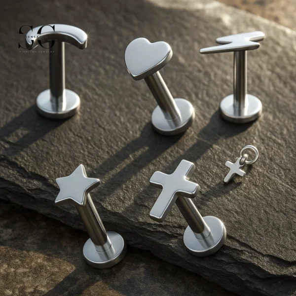 SG4031 F136 Titanium Threaded Labrets – 5 Unique Shapes (Heart, Moon, Lightning, Cross, Star)