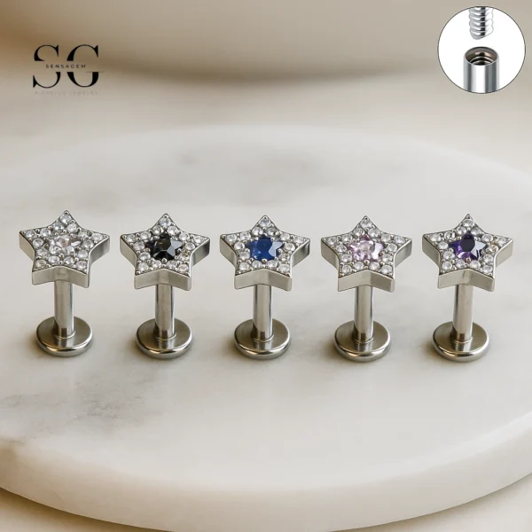 SG4037 - ASTM F136 Titanium Threaded Labret with Embedded Zircon Star Design Wholesale