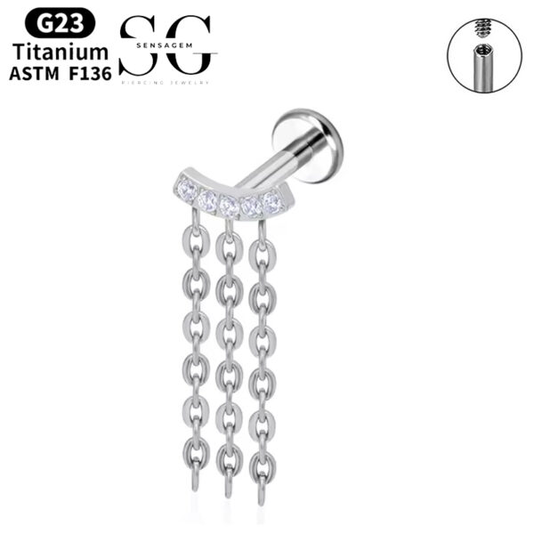 SG4052 F136 Titanium Threaded Labrets with Chain Pendant – Implant-Grade Lip Piercing Jewelry - Image 2