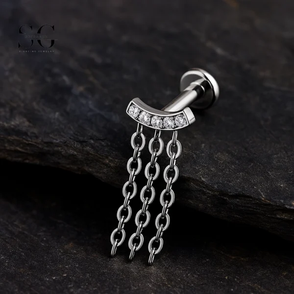 SG4052 F136 Titanium Threaded Labrets with Chain Pendant – Implant-Grade Lip Piercing Jewelry - Image 2