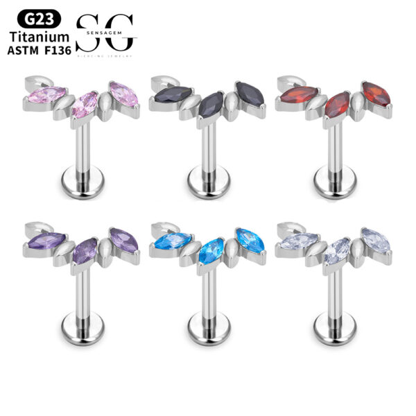 SG4055 F136 Titanium Threaded Labrets – Rice-Shaped Design with Multicolor Zircons