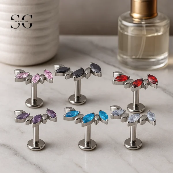 SG4055 F136 Titanium Threaded Labrets – Rice-Shaped Design with Multicolor Zircons