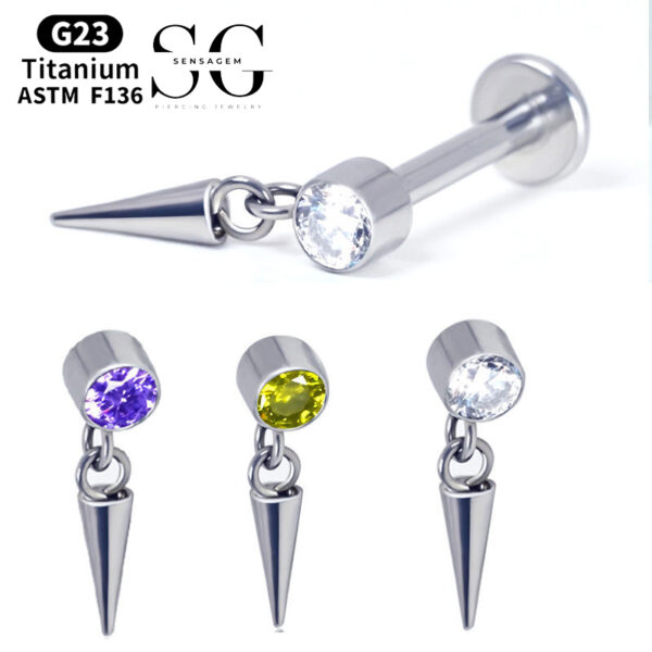 SG4056 F136 Titanium Threaded Labrets – Double Ring with Gemstone-Tipped Cone Design