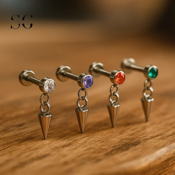 SG4056 F136 Titanium Threaded Labrets – Double Ring with Gemstone-Tipped Cone Design