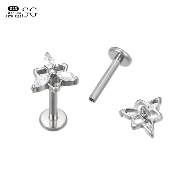 SG4057 F136 Titanium Threaded Labrets – Triangular Composite Design with Zircon Accents - Image 2