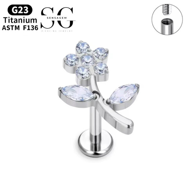 SG4059 F136 Titanium Threaded Labrets – Floral Design with Zircon Accents - Image 3