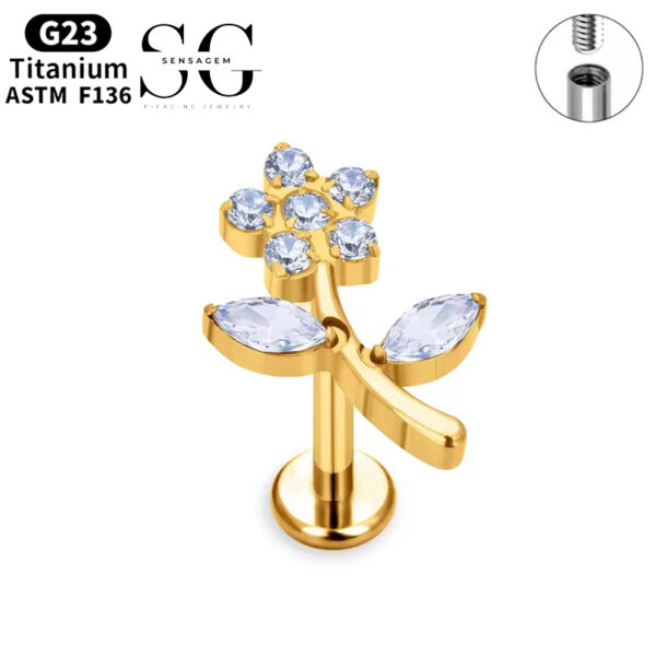 SG4059 F136 Titanium Threaded Labrets – Floral Design with Zircon Accents - Image 2