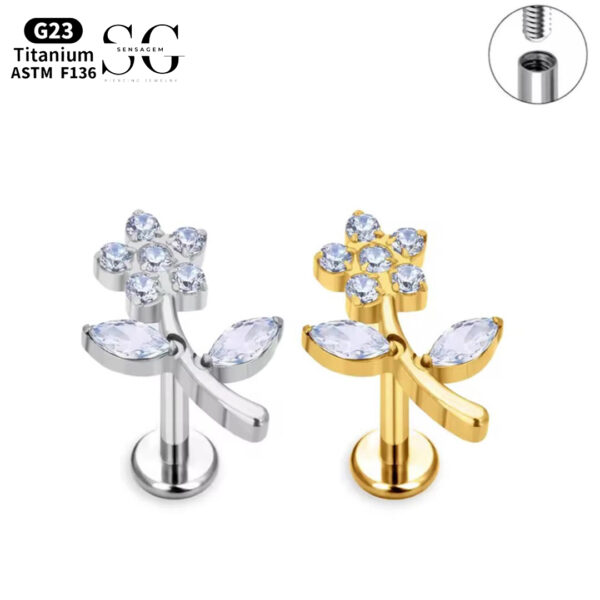 SG4059 F136 Titanium Threaded Labrets – Floral Design with Zircon Accents