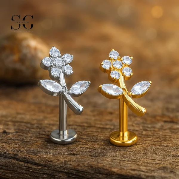 SG4059 F136 Titanium Threaded Labrets – Floral Design with Zircon Accents