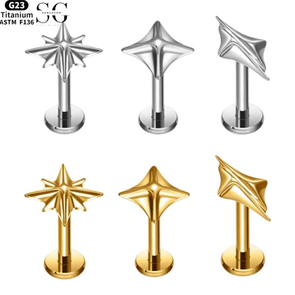 SG4076 F136 Titanium Threaded Labrets with Star-Themed Designs – Implant-Grade Piercing Jewelry