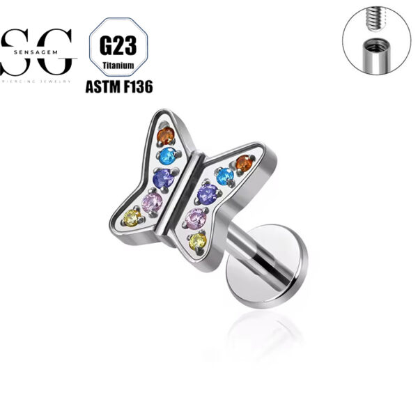 SG4092 F136 Titanium Threaded Labrets with Multi-Color Zircon – Hypoallergenic Piercing Jewelry - Image 3