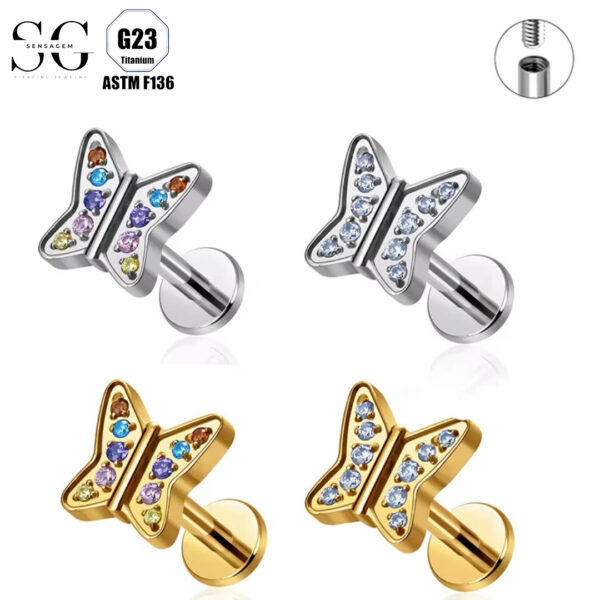 SG4092 F136 Titanium Threaded Labrets with Multi-Color Zircon – Hypoallergenic Piercing Jewelry