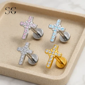 SG4113 - Cross-Shaped Threaded Labrets with Zircon Inlay