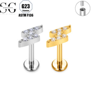 SG4118 F136 Titanium Threaded Labrets with Lightning Design – Lip Piercing Jewelry with Diamond Zircon1